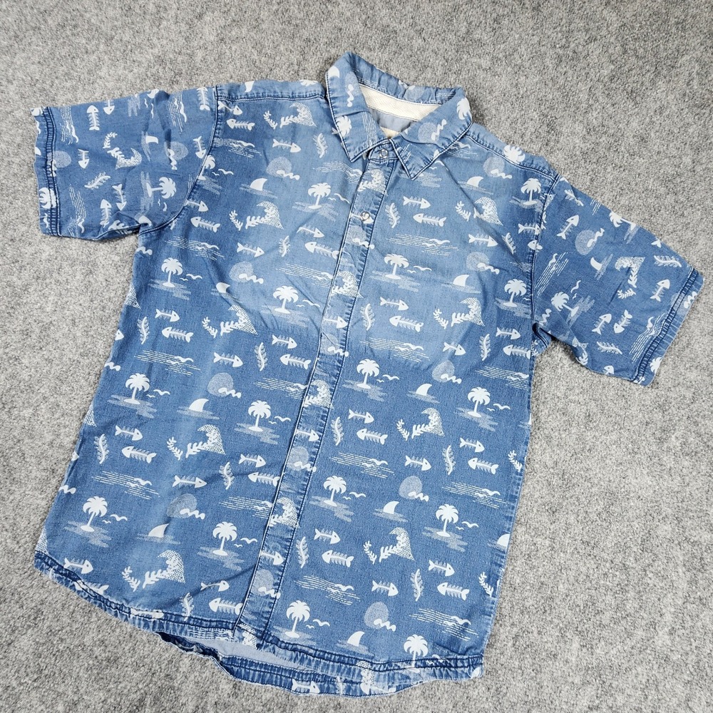 Ripton & Co Unisex Denim Performance Shirt Medium Blue Beach Print Short Sleeve